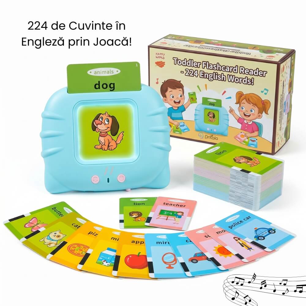 Jucarie Educativa Interactiva pentru Copii, Cititor Carduri cu 224 Cuvinte in Engleza, Invatare prin Joaca, Vocabular, Animale, Fructe, Masini, Reincarcabil USB, Albastru / Roz