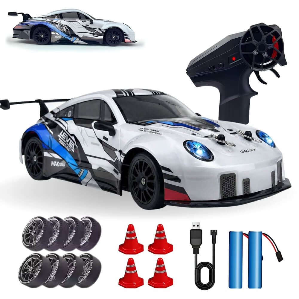 Masina cu Telecomana RC Porsche, Drift Car 1:24, 4WD, 20 km/h, LED, 2 Seturi Anvelope Drift & Racing, Varsta 7+, Alb