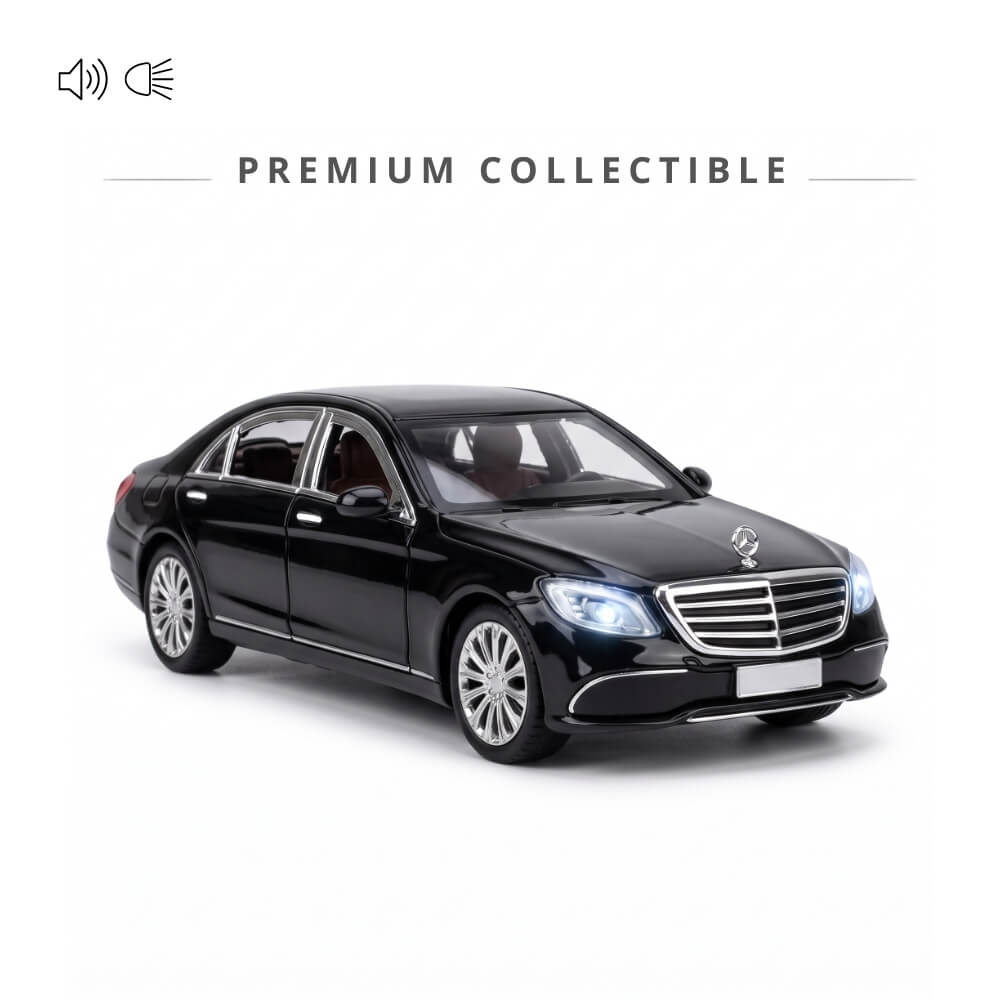 Macheta Masina Metalica Limuzina de Lux Mercedes E-Class L, Scara 1:24, Lumini LED si Sunete, Mecanism Pull-Back, Usi, Capota si Portbagaj Care Se Deschid