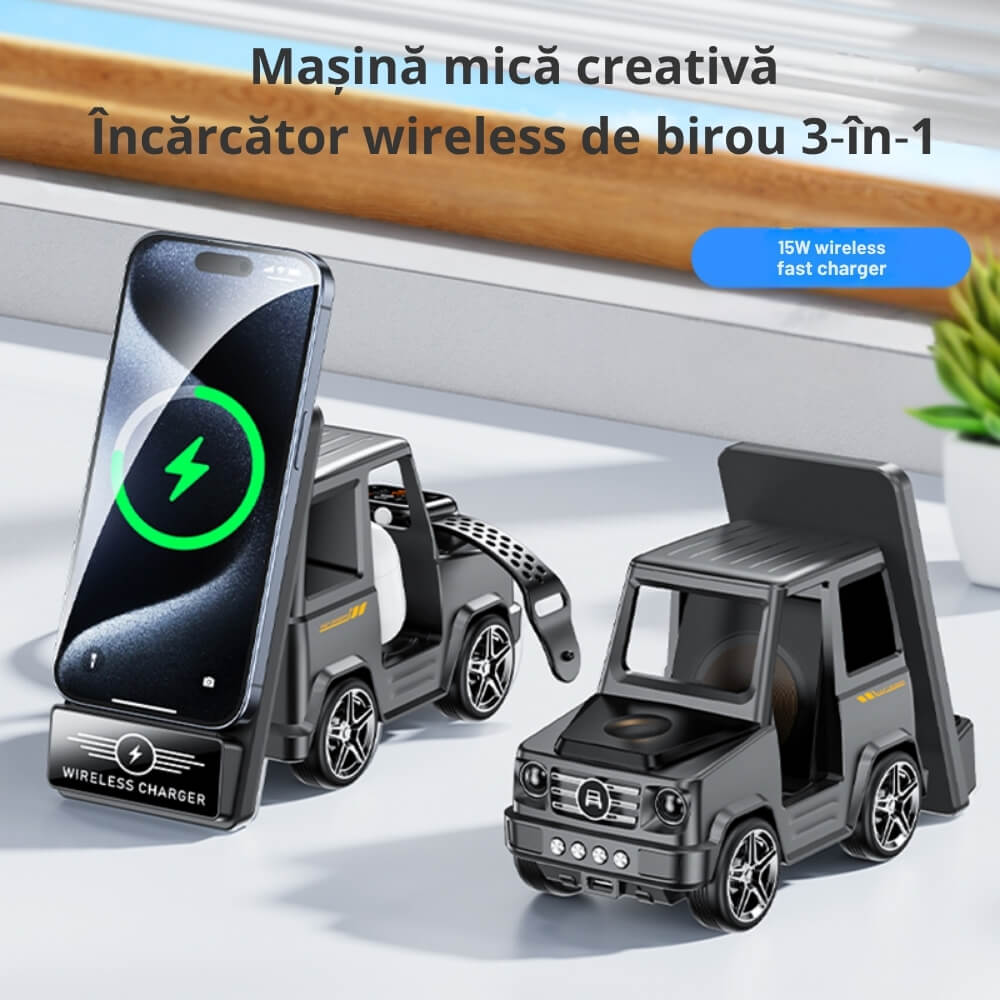 Incarcator Wireless DigikalaX®Qi, Model G-Wagon Design, Statie de Incarcare 3 in 1, Functie Incarcare rapida 15W, Compatibilitate Universala cu Apple, Samsung, Xiaomi, Huawei, Airpods, Apple Watch, Gri