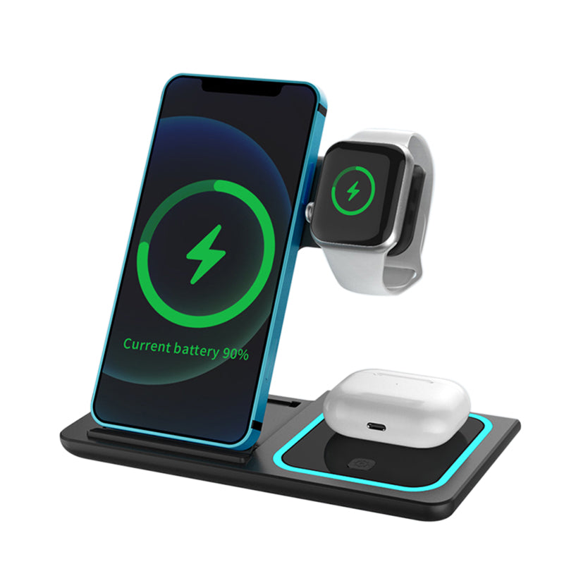Incarcator Wireless Famous, Statie Incarcare 3 In 1 Qi Fast Charger 15W Incarcare Rapida Compatibil Cu Apple Watch Toate Seriile Airpods Toate Modele si Iphone Android Samsung Huawei Xiaomi, Inclus Adaptor, Negru