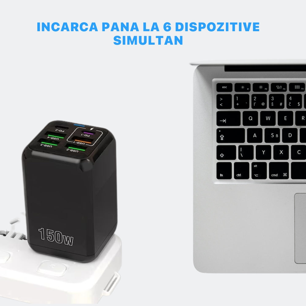 Incarcator Adaptor Retea, 6 porturi, 3 x USB, 3 x Type-C, 150W Fast Charge, LED, Negru