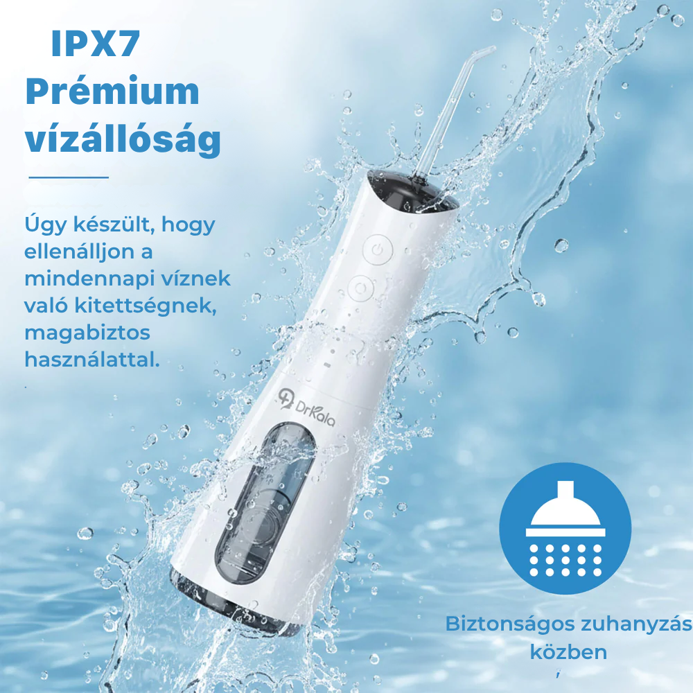 Irigator Bucal Profesional, DrKala®, Dus Bucal Portabil, 4 Moduri, Memorie, Pana la 1600 pulsații/minut, Rezervor 300ml, 5 Duze, Alb