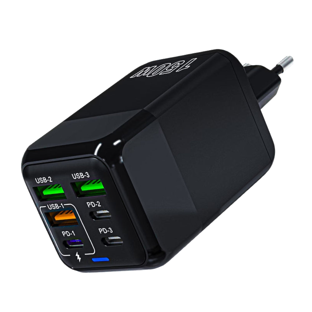Incarcator Adaptor Retea, 6 porturi, 3 x USB, 3 x Type-C, 150W Fast Charge, LED, Negru