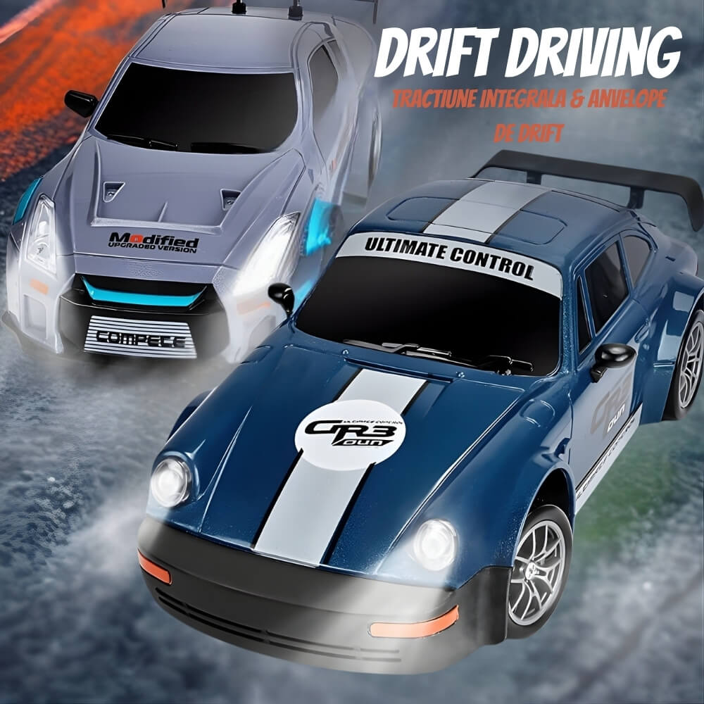Masinuta cu Telecomanda, Porsche Vintage RC Drift Car, 1:24, 2.4GHz, 20 km/h, Tractiune Integrala, 2 Seturi Anvelope (Speed & Drift), Obstacole Incluse, Baterie Reincarcabila, Albastru