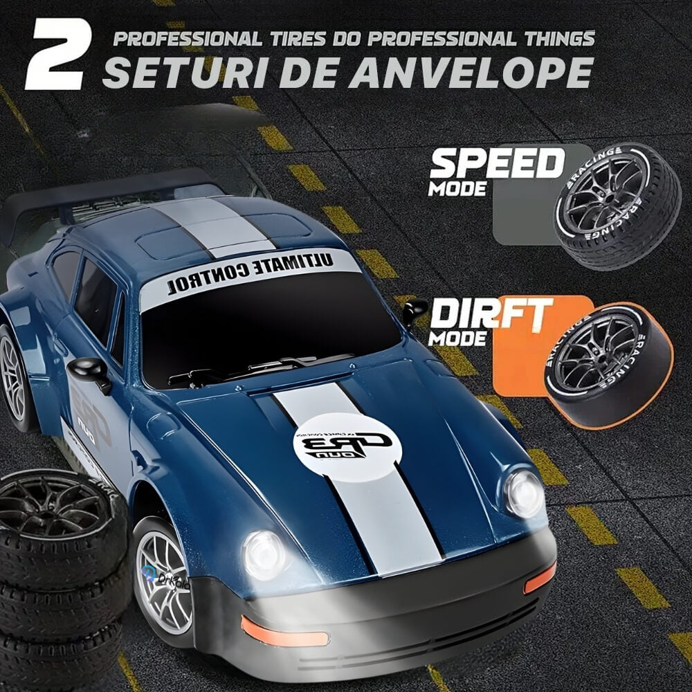 Masinuta cu Telecomanda, Porsche Vintage RC Drift Car, 1:24, 2.4GHz, 20 km/h, Tractiune Integrala, 2 Seturi Anvelope (Speed & Drift), Obstacole Incluse, Baterie Reincarcabila, Albastru