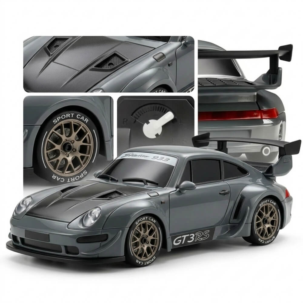 Masina cu Telecomanda RC Drift 4WD ,Scara 1:20, Tip 911 GTS, 20 km/h, 2.4GHz, 2 Seturi Anvelope Drift & Racing, Obstacole Incluse, Gri Metalizat