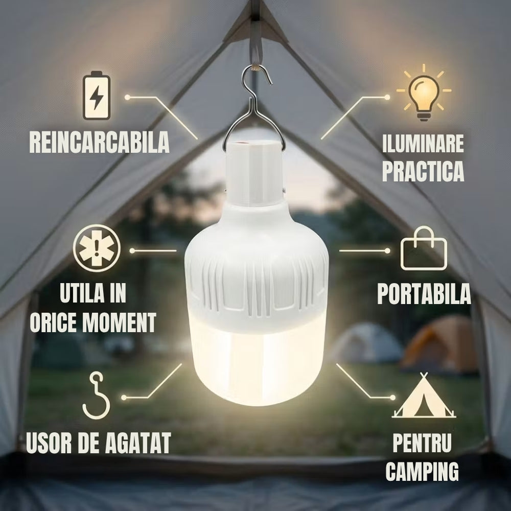 Bec LED reincarcabil DigiKalaX Lumo C1, 3.2W, acumulator 1200 mAh, incarcare USB-C, agatatoare integrata, functioneaza fara priza, pentru acasa, camping, pescuit, auto si pana de curent, negru