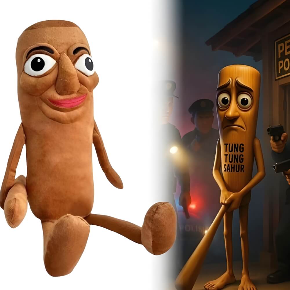 Jucarie de Plus Omul de Lemn Tung Tung Sahur, Model Brainrot Fluppy, cu Agatatoare, 37 cm, Maro