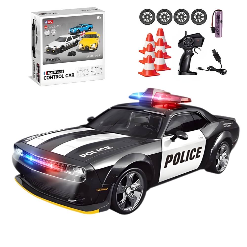 Masinuta cu Telecomanda, RC Drift Police Car, 1:24, 2.4GHz, Tractiune Integrala, 2 Seturi Anvelope (Speed & Drift), Obstacole Incluse, Baterie Reincarcabila, Jucarie Cadou Ideal pentru Copii si Adulti, Negru