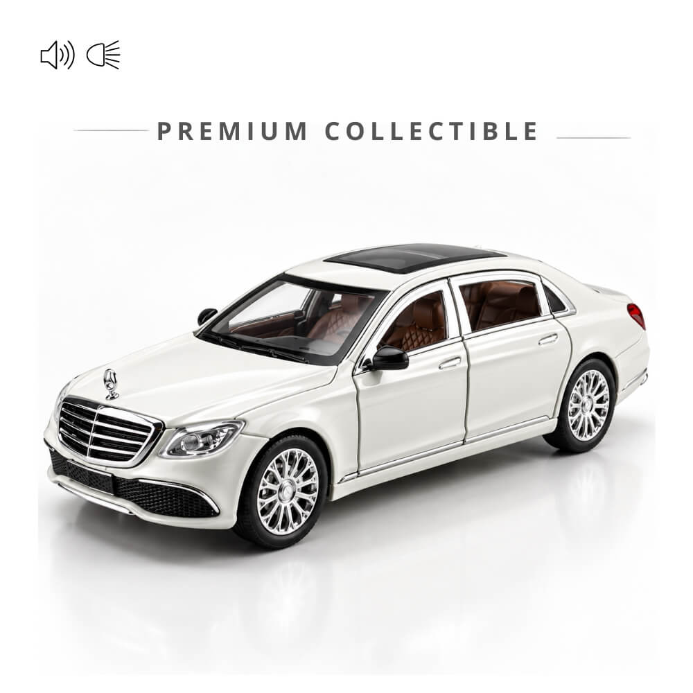 Macheta Masina Metalica Limuzina de Lux Mercedes E-Class L, Scara 1:24, Lumini LED si Sunete, Mecanism Pull-Back, Usi, Capota si Portbagaj Care Se Deschid
