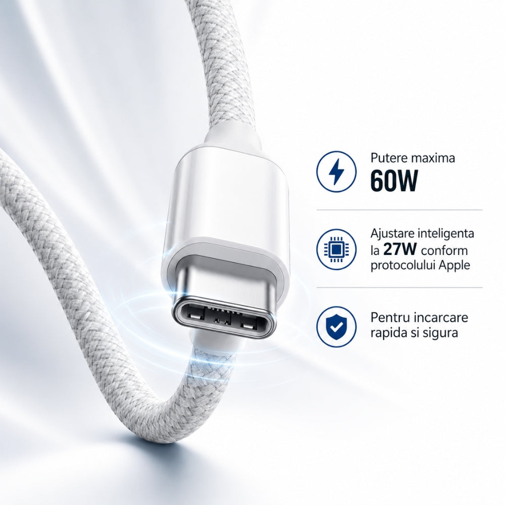 Cablu USB-C la USB-C PD 60W, Transfer Date si Incarcare Rapida - SuperFastCharge 25/45W, pentru iPhone 15/16/17, Plus, Pro & ProMax, Samsung, Tableta, cu Protectie la Supratensiune, compatibil CarPlay, TEXTIL PREMIUM, Type C, Alb, 1m