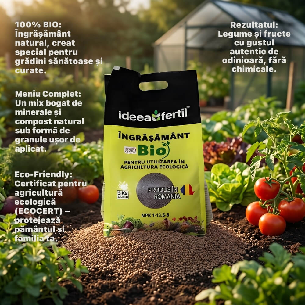 Ingrasamant Ecologic Universal IDEEAFERTIL, Granule, 5 kg, Certificat ECOCERT, Eliberare Lenta, pentru Legume, Fructe si Gazon, Produs in Romania