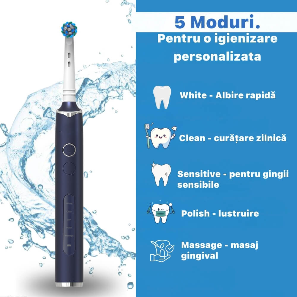 Periuta de dinti electrica rotativa, DrKala Seago SG-2603, 8000 pulsatii/min, 5 moduri de curățare, 8 capete incluse, functie smart timer, IPX7, Albastru