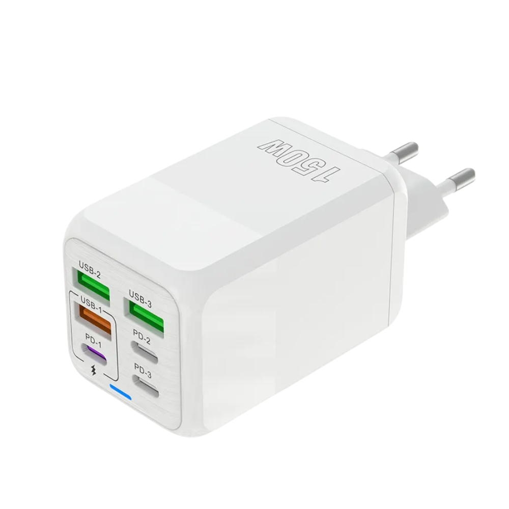 Incarcator Adaptor Retea, 6 porturi, 3 x USB, 3 x Type-C, 150W Fast Charge, LED, Alb