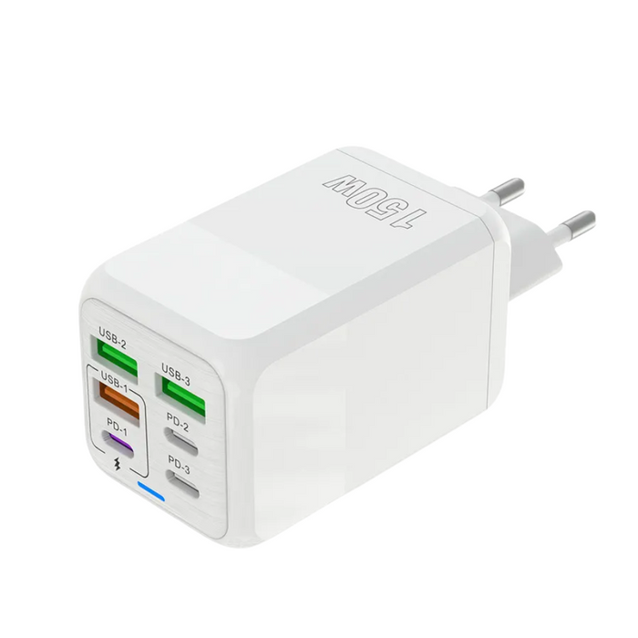 Incarcator Adaptor Retea, 6 porturi, 3 x USB, 3 x Type-C, 150W Fast Charge, LED, Alb