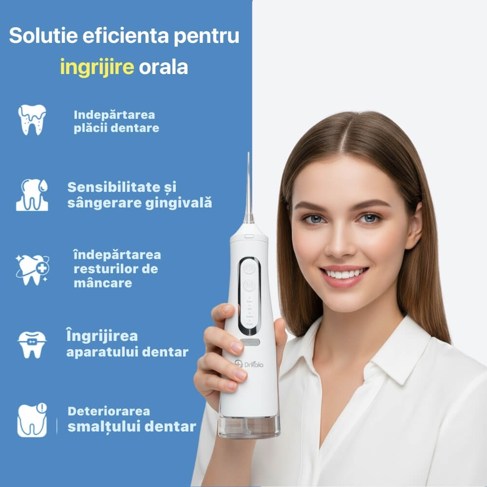 Irigator Bucal Profesional, DrKala®, Dus Bucal Portabil, 1600-1999 pulsatii/min, 4 Moduri, Memorie, Rezervor 310ml, 4 Duze, Alb
