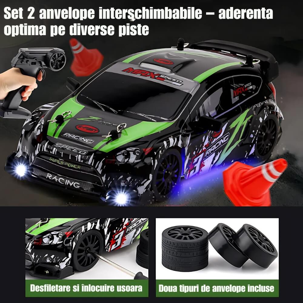 Masinuta cu Telecomanda, Model Ford Rally, RC Drift Car, 1:24, 2.4GHz, Tractiune Integrala, 2 Seturi Anvelope (Speed & Drift), Obstacole Incluse, Baterie Reincarcabila, Verde/Negru