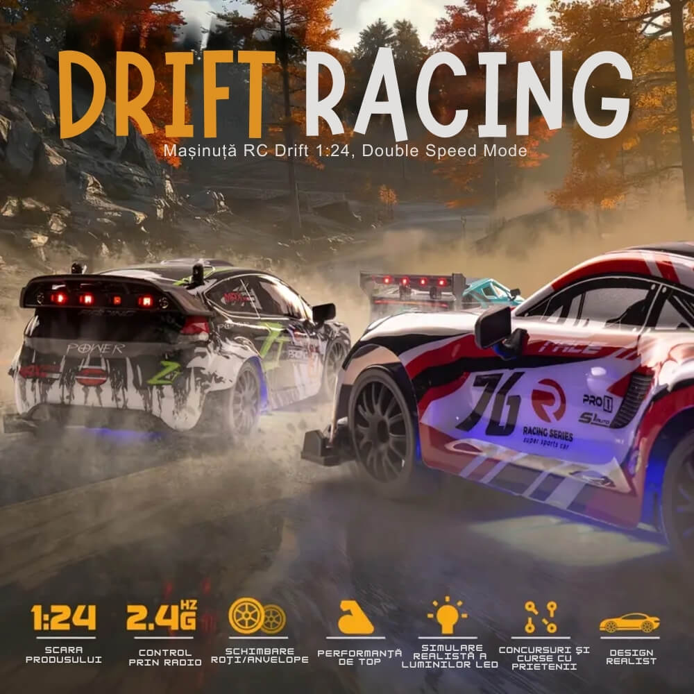 Masinuta cu Telecomanda, Model Porsche, RC Drift Car, 1:24, 2.4GHz, Tractiune Integrala, 2 Seturi Anvelope (Speed & Drift), Obstacole Incluse, Baterie Reincarcabila, Alb
