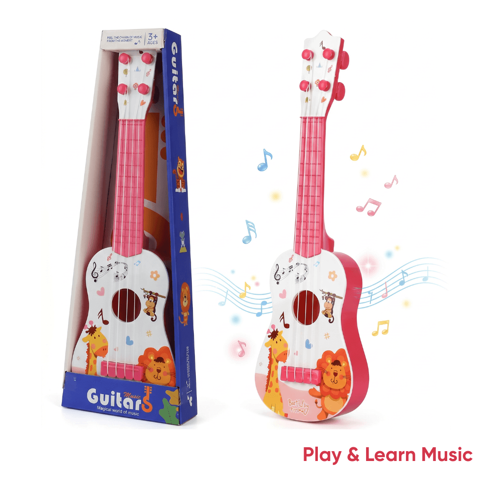 Chitara de Jucarie pentru Copii 3-8 Ani, Ukulele Mini 4 Corzi cu Animale, Cadou Baieti si Fete, Instrument Muzical Educational, 40 cm, Roz