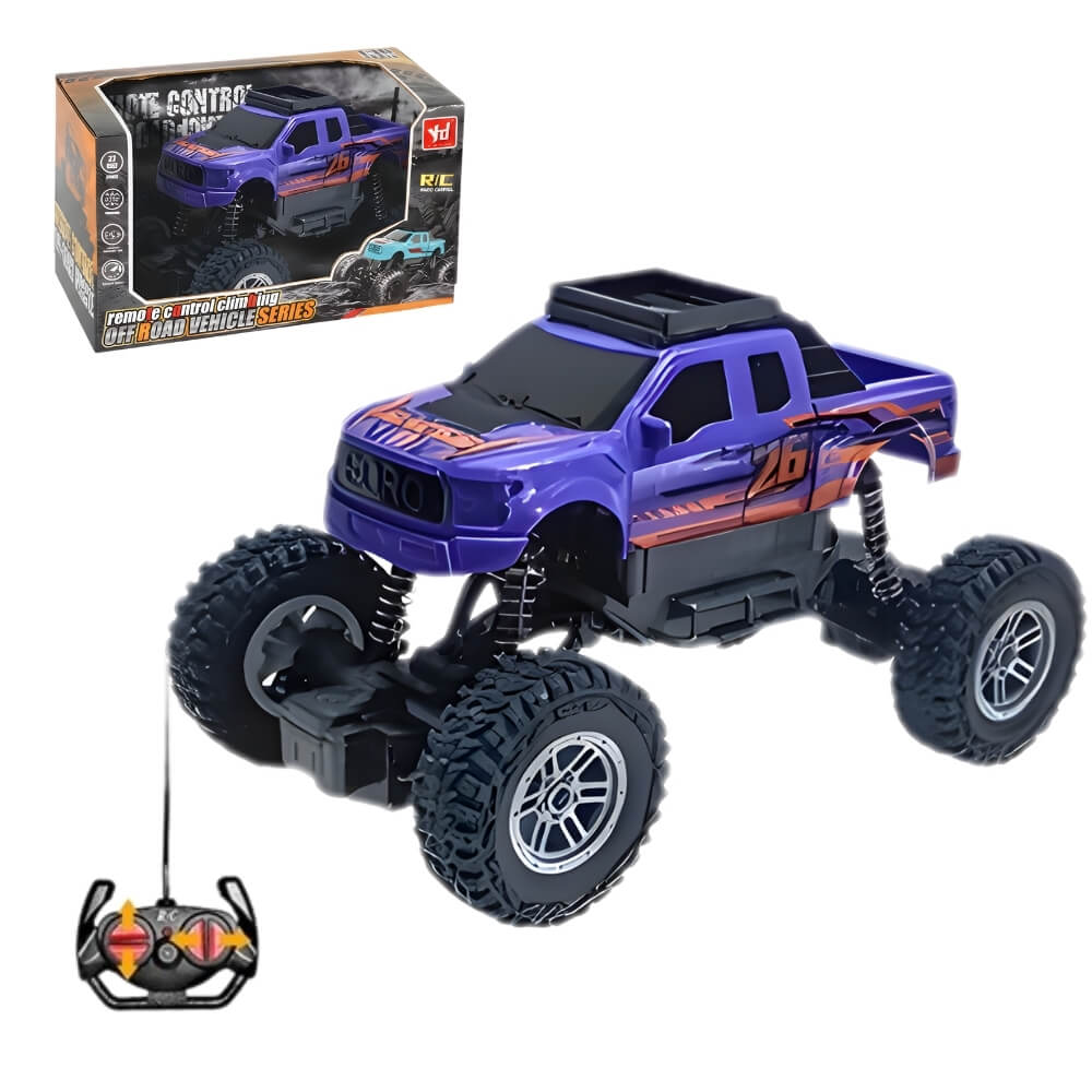 Mașină cu Telecomandă RC Off Road 1:16, Tip Monster Truck, 10 km/h, Suspensii Profesionale, Rază 10m, Baterie tip acumulator inclusa, Jucarie pentru copii+5 ani, Mov