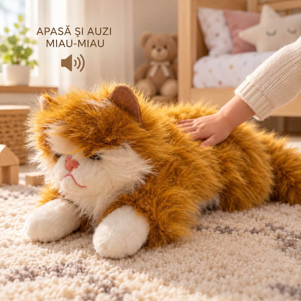 Jucărie de Pluș Pisică Blănoasă Interactivă cu Sunet Miau-Miau, 50 cm, Bej