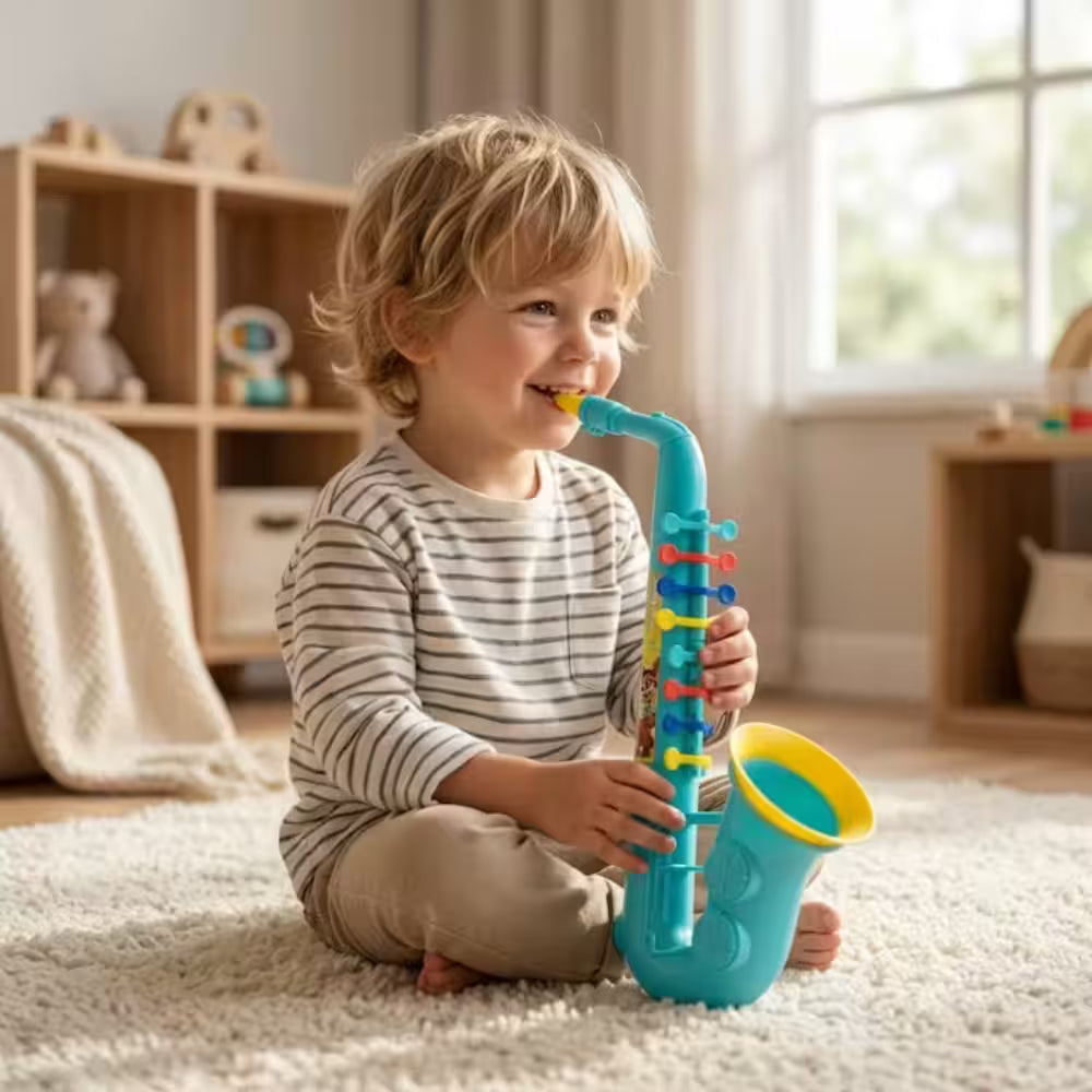 Saxofon Muzical de Jucarie pentru Copii, 36.5 cm, Instrument Muzical Educativ, Sunete Interactive, Dezvolta Creativitatea si Simtul Ritmului, Cadou pentru Copii, Albastru Deschis