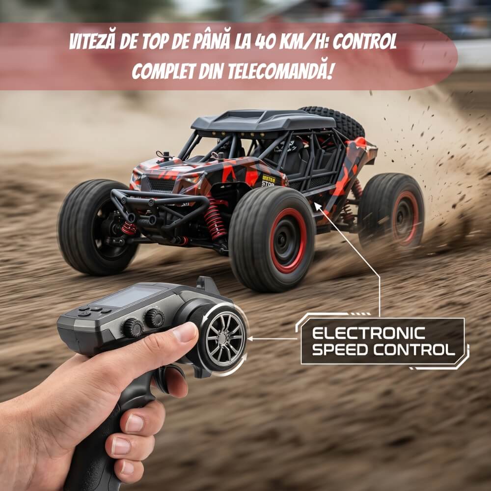 Masina cu telecomanda profesionala Adventurer, Off-Road 4x4 (4WD), Scara 1:16, Viteza 40 km/h, Suspensii Metalice independente, Motor Brushed, Lumini LED,Control 2.4GHz,Rosu-Negru