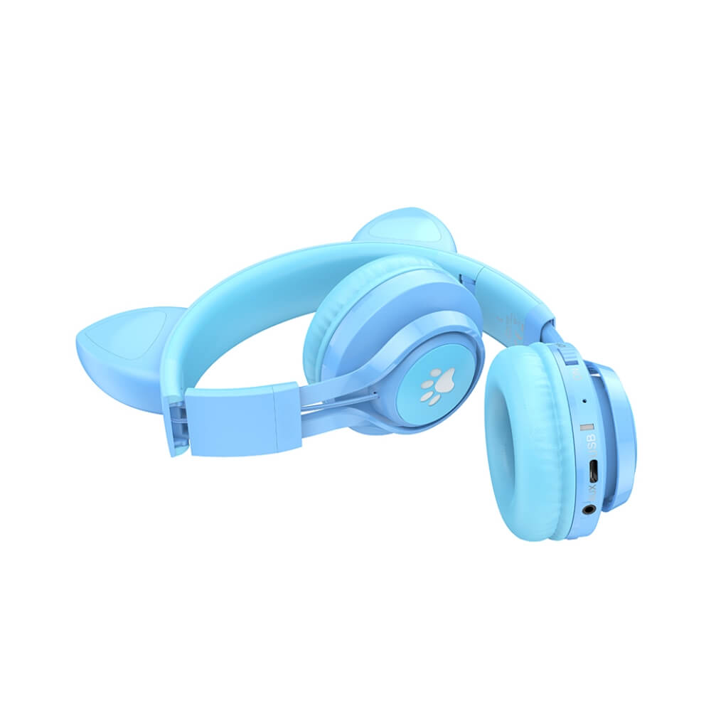 Casti Wireless Copii cu Urechi de Pisica, Pliabile, LED-uri RGB Distractive, Bluetooth, Microfon, Slot card, Functie Protectie Volum Copii, DigikalaX®, Conectare cablu AUX, Albastru Deschis