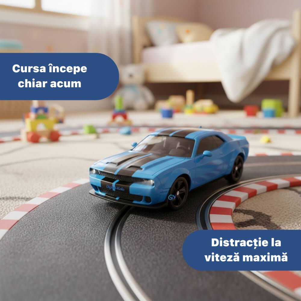 Masinuta cu Telecomanda, RC Drift Car, 1:24, 2.4GHz, Tractiune Integrala, 2 Seturi Anvelope (Speed & Drift), Obstacole Incluse, Baterie Reincarcabila, Albastru