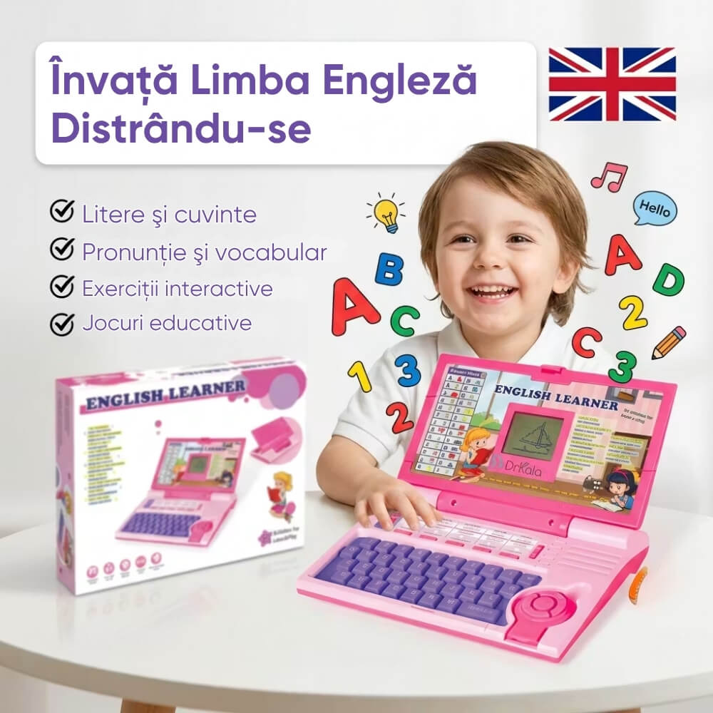 Laptop educational copii English Learner, limba engleza, alfabet, numere, muzica, jocuri interactive, ecran de desen, taste mari, roz
