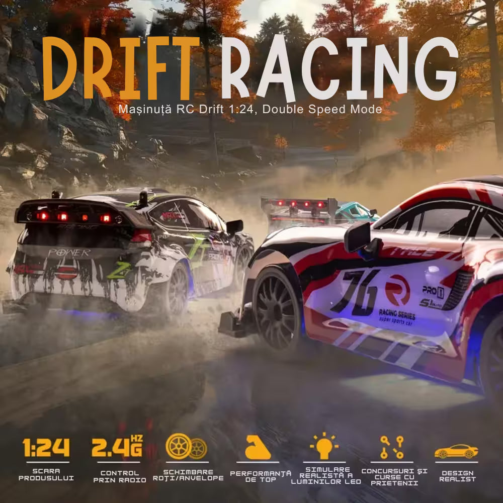 Masinuta cu Telecomanda, RC Drift Car, 1:24, 2.4GHz, Tractiune Integrala, 2 Seturi Anvelope (Speed & Drift), Obstacole Incluse, Baterie Reincarcabila, Alb