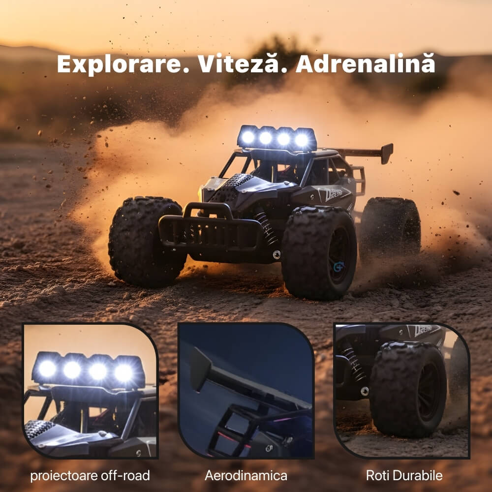 Mașinuță cu Telecomandă RC Off-Road 1:16, Viteză 20 km/h, Roți Mari All-Terrain, Lumini/Proiectoare LED, Telecomandă Tip Pistol, Acumulator Reîncărcabil Inclus, Jucărie pentru Copii 5+ Ani, Negru