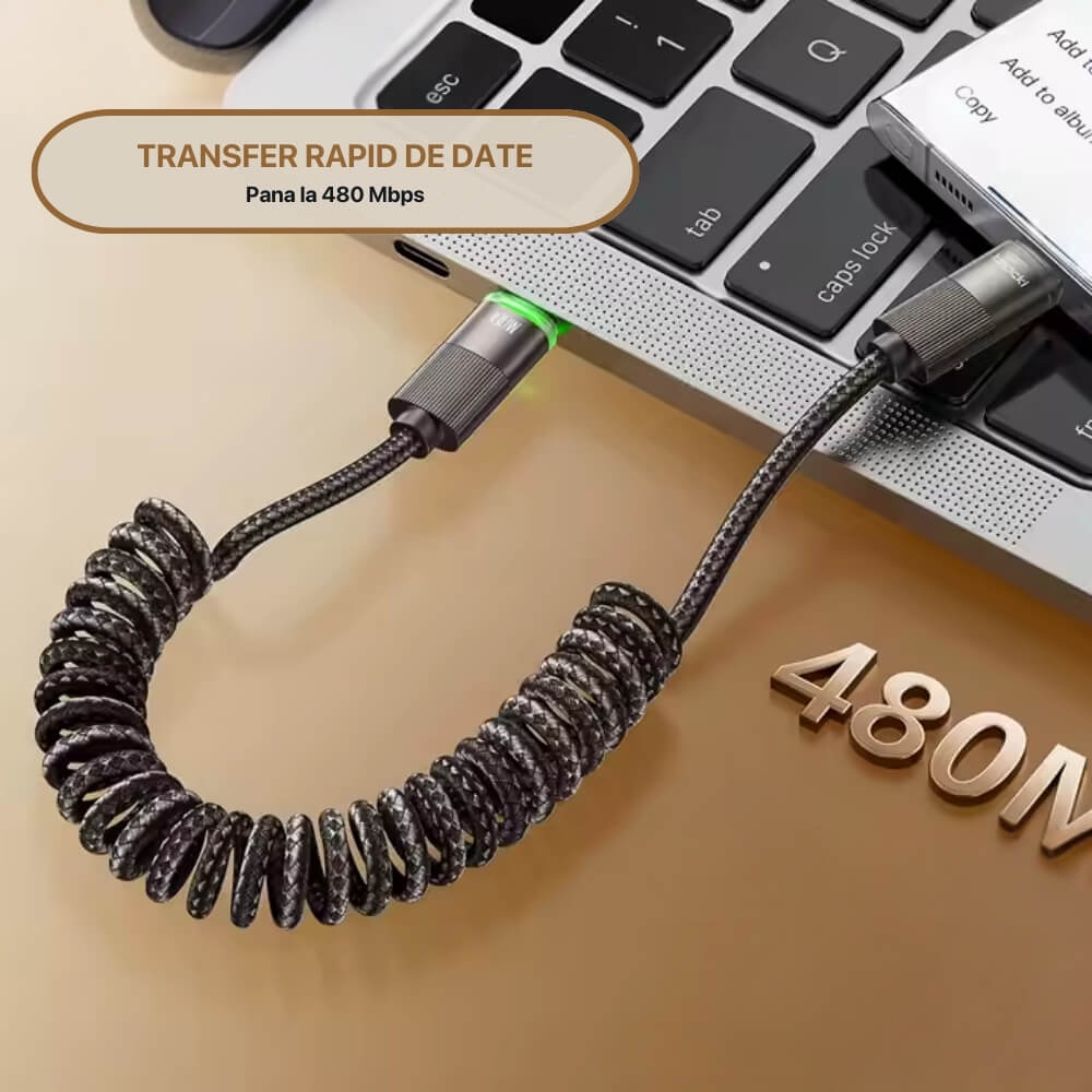 Cablu de Incarcare si Transfer de Date, Fast Charge 100W, DigiKalaX®, 480Mbps, 1.8m, LED Inteligent, Nylon, USB-C la Type-C, Negru