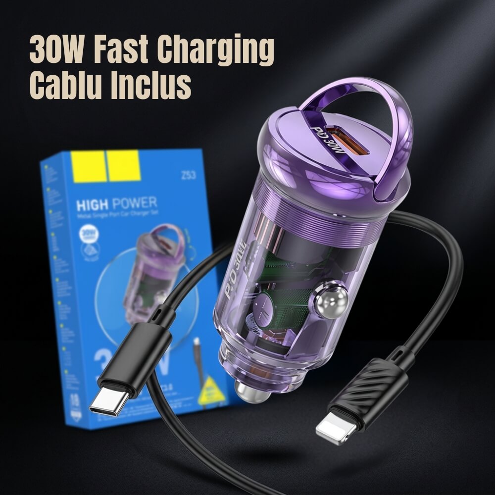 Incarcator Auto Slim Bricheta DigikalaX®, Fast charging PD 30W, QC3.0, Type C, Inel de tragere, Cablu Usb-C - Lightning Inclus, Universal, Mov Transparent