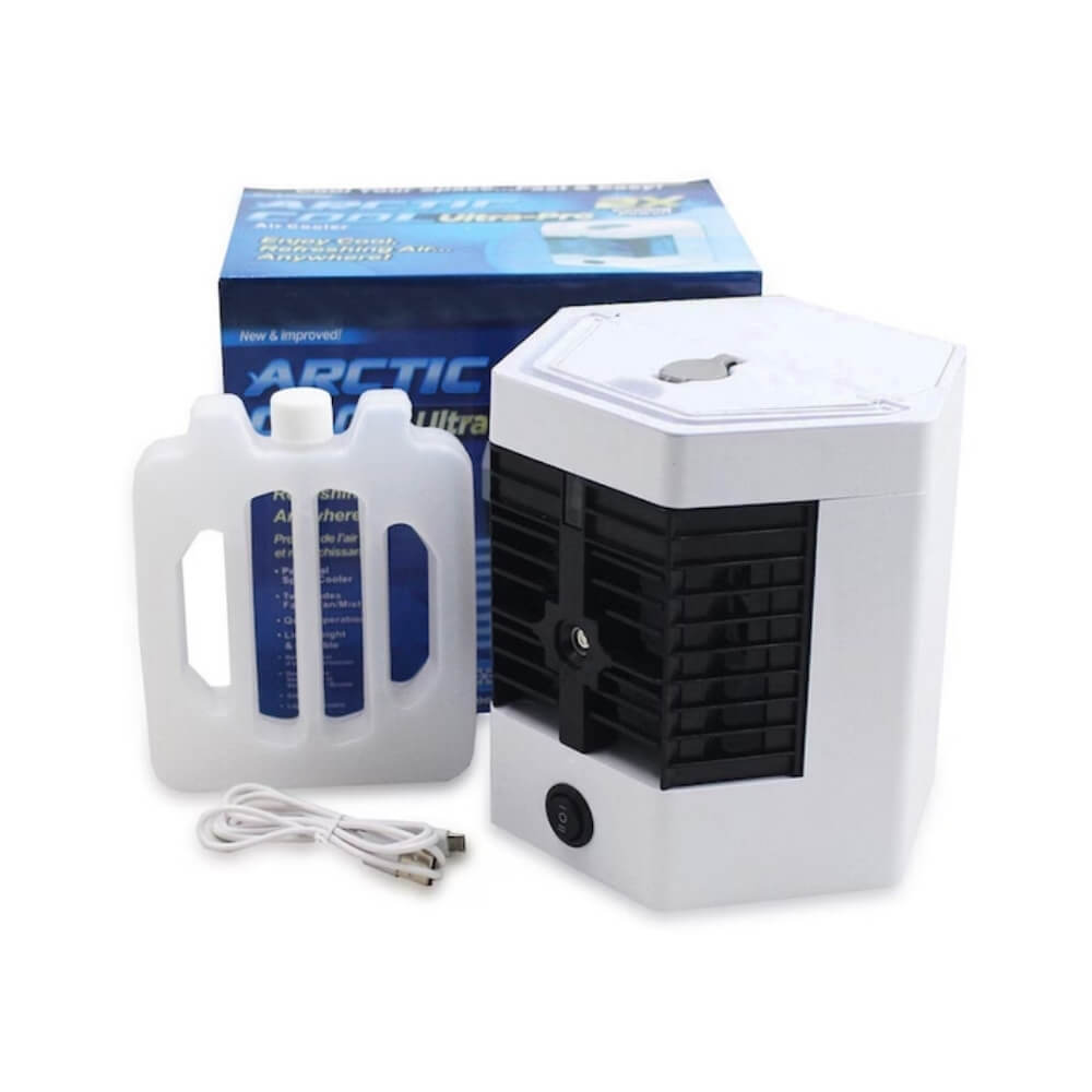 Mini Aer Conditionat Portabil USB, Racitor de Aer cu Rezervor de Apa, 2 Trepte de Viteza, Silentios, LED Ambiental, Include 2 Rezerve de Gheata si Cablu de Incarcare, Alb