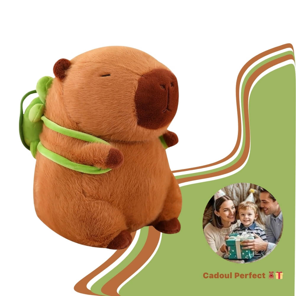Jucarie de plus Capibara cu rucsac detasabil testoasa, 25 cm, Maro/Verde