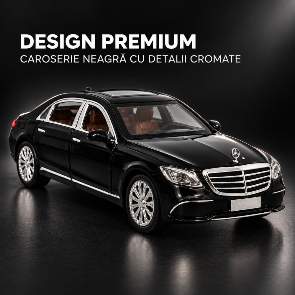 Macheta Masina Metalica Limuzina de Lux Mercedes E-Class L, Scara 1:24, Lumini LED si Sunete, Mecanism Pull-Back, Usi, Capota si Portbagaj Care Se Deschid