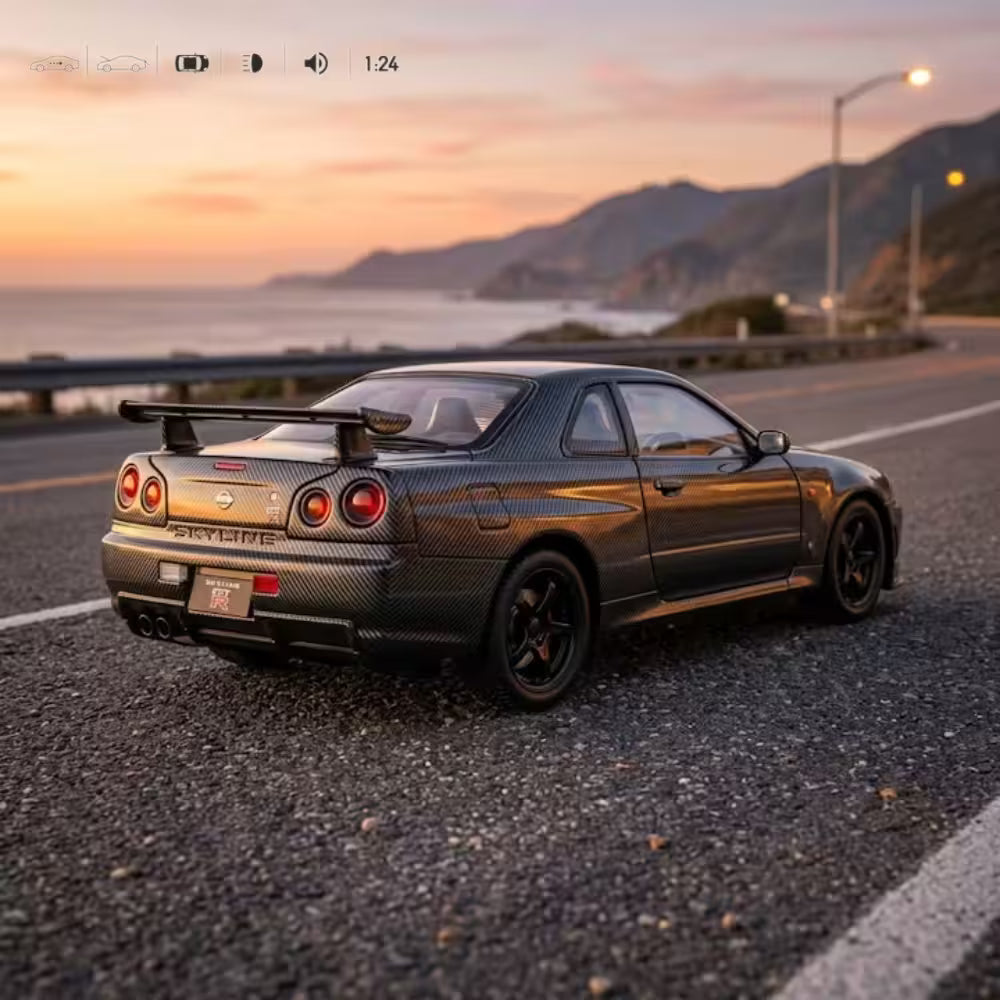 Masinuta Metalica Nissan Skyline GT-R, Scara 1:24, Usi, Capota si Portbagaj Functionale, Lumini si Efecte Sonore, Model Die-Cast, Cadou pentru Baieti si Colectionari, Negru