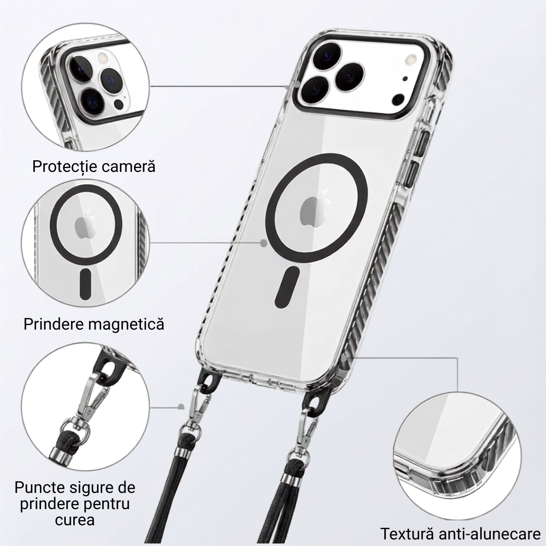 Husă MagSafe transparentă cu șnur pentru iPhone 17 ProMax, Negru