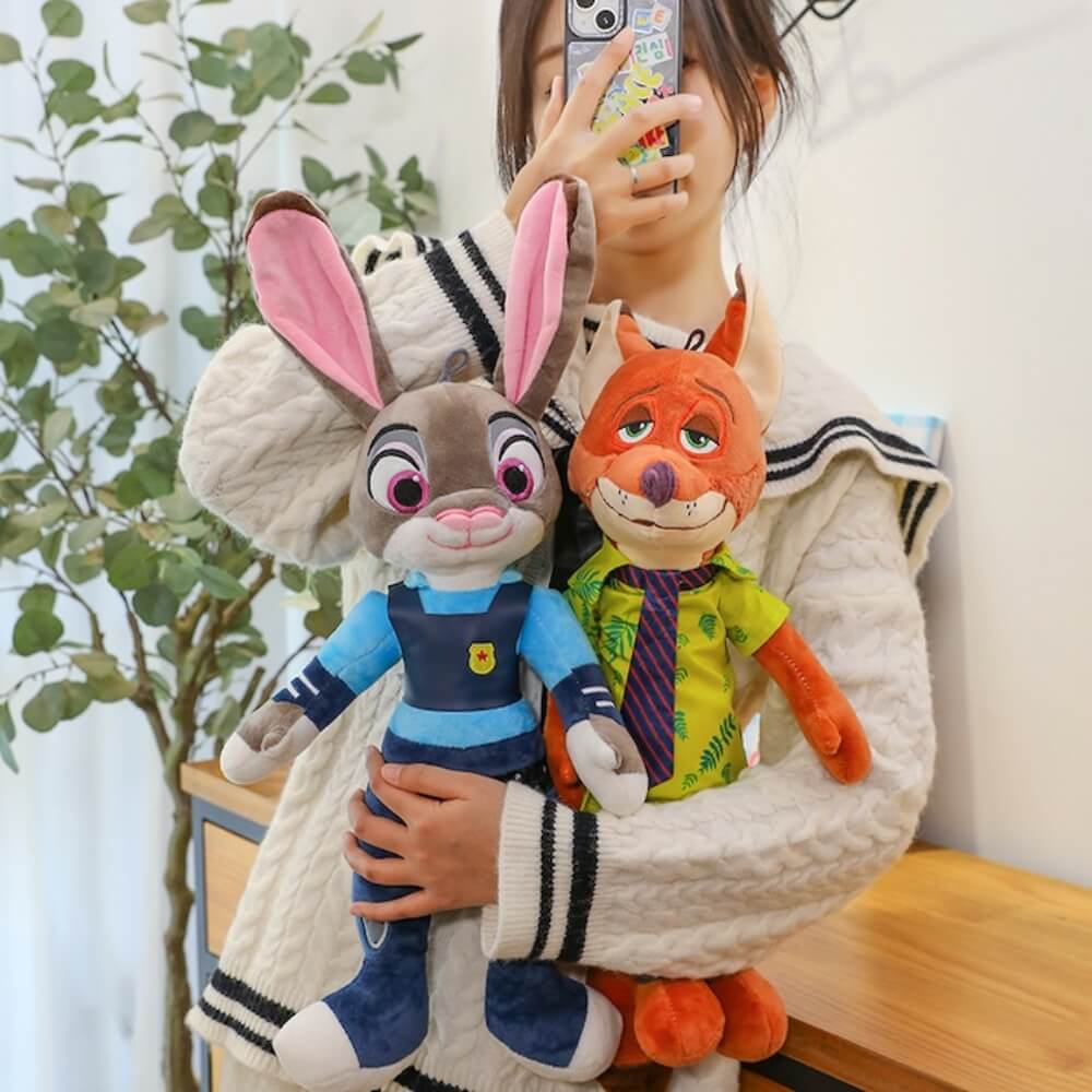 Set 2 Jucarii Plus Zootopia, Judy Hopps 38 cm si Nick Wilde 38 cm,  Personaje Disney, Cadou pentru Copii, Albastru si Maro