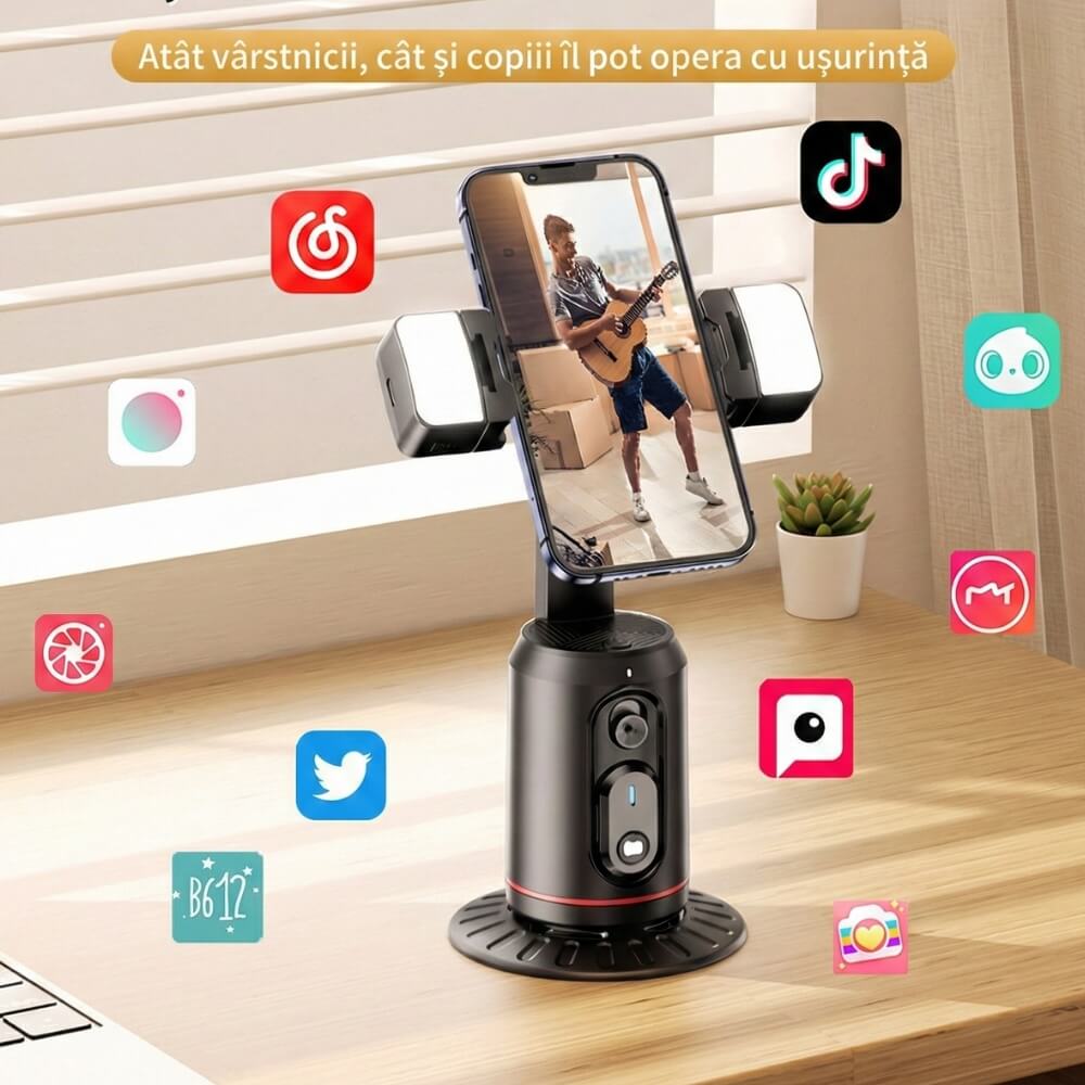 Suport Telefon Gimbal AI cu Urmarire Faciala Automata, Rotire 360, Lumini LED Fill Light, Bluetooth 5.2, Stabilizator Vlog & TikTok, Negru