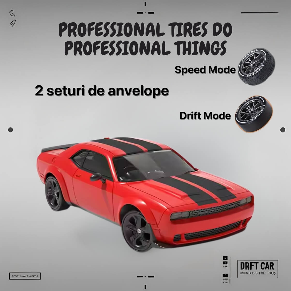 Masinuta cu Telecomanda, RC Drift Car, 1:24, 2.4GHz, Tractiune Integrala, 2 Seturi Anvelope (Speed & Drift), Obstacole Incluse, Baterie Reincarcabila, Rosu