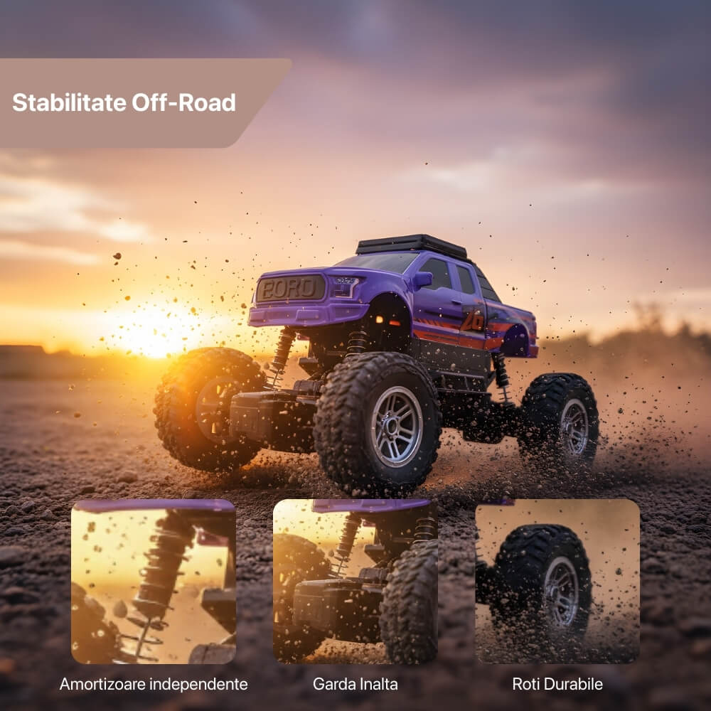 Mașină cu Telecomandă RC Off Road 1:16, Tip Monster Truck, 10 km/h, Suspensii Profesionale, Rază 10m, Baterie tip acumulator inclusa, Jucarie pentru copii+5 ani, Mov