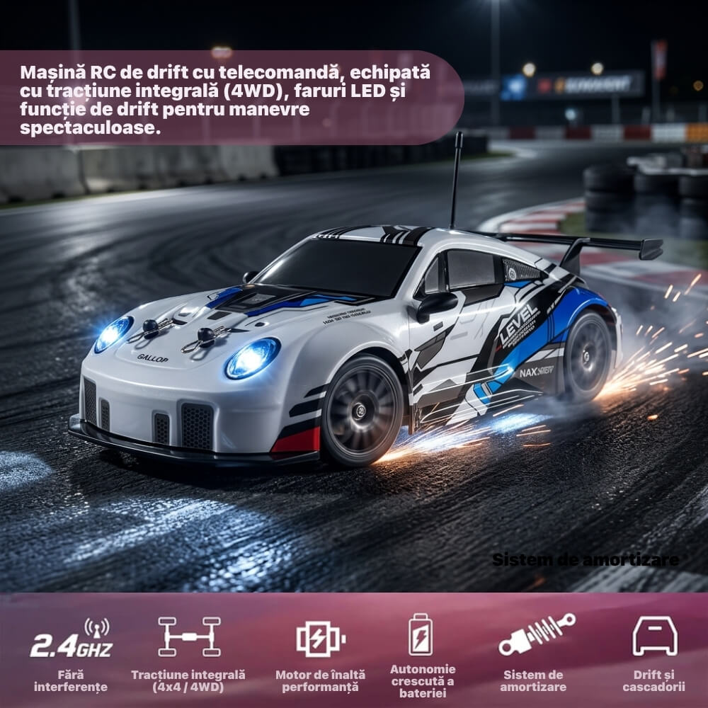 Masina cu Telecomana RC Porsche, Drift Car 1:24, 4WD, 20 km/h, LED, 2 Seturi Anvelope Drift & Racing, Varsta 7+, Alb