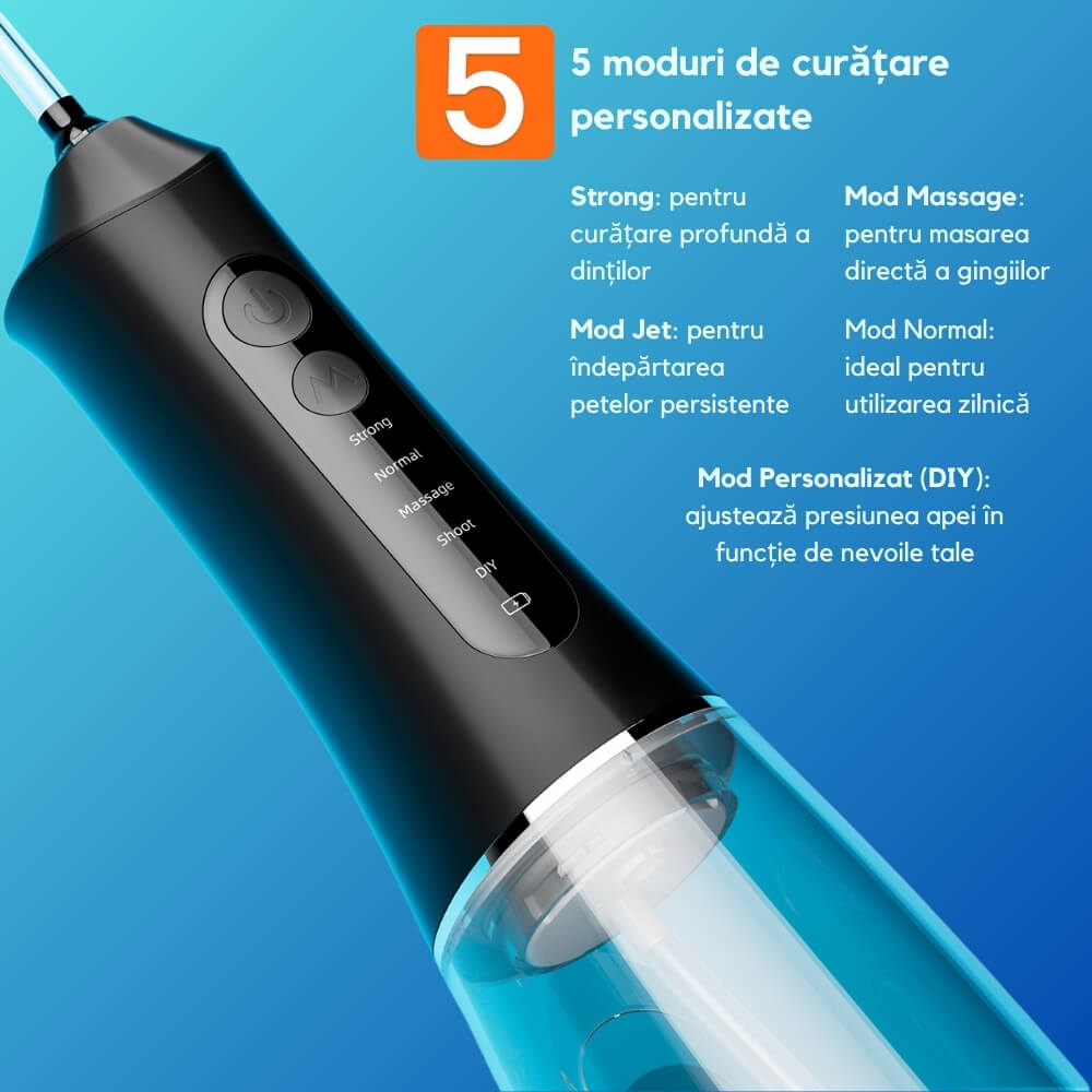 Irigator Bucal tip Dus Bucal Portabil, DrKala®, 1380 pulsatii/min, 5 Programe, 7 duze incluse, personalizare pulsatii, Rezervor 300 ml, Igiena orala completa, Negru
