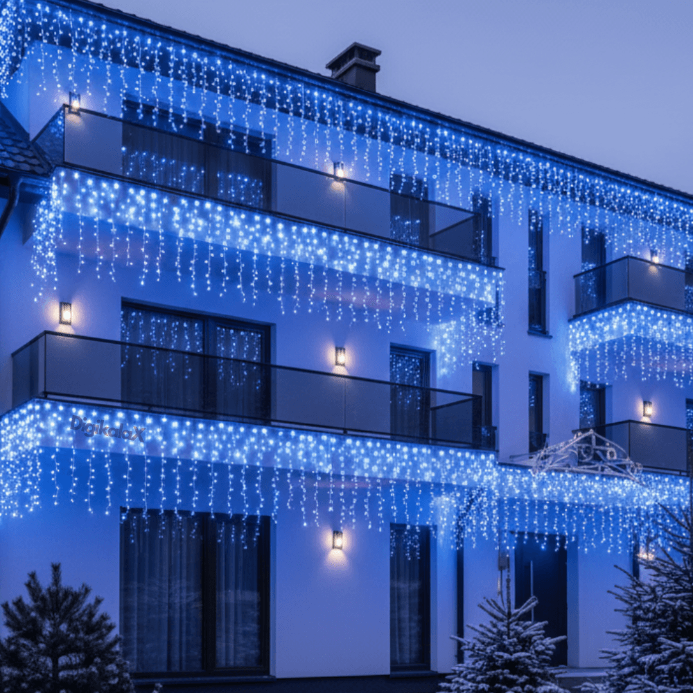 Instalație Luminoasă Tip Țurțuri, 12m, 300 LED-uri Albastre – Decor Exterior pentru Sărbători