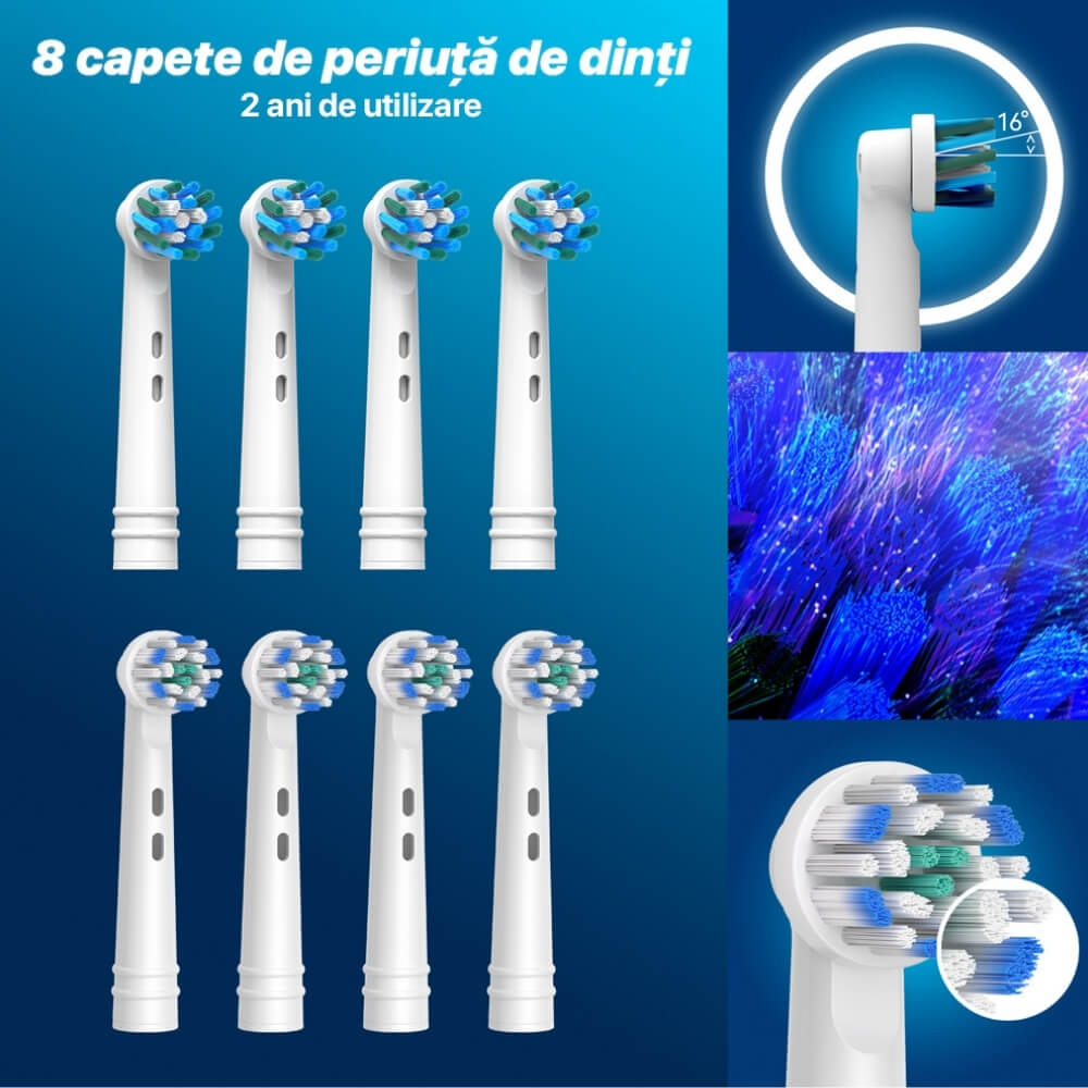 Periuta de dinti electrica rotativa, DrKala Seago SG-2603, 8000 pulsatii/min, 5 moduri de curățare, 8 capete incluse, functie smart timer, IPX7, Albastru