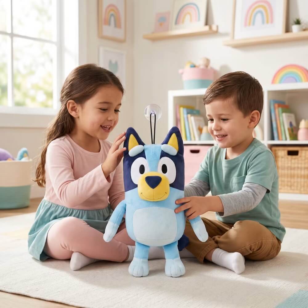 Jucarie de plus Bluey si Bingo, personaj Bluey, Albastru, 28 cm, cu agatatoare, cadou ideal, DrKala