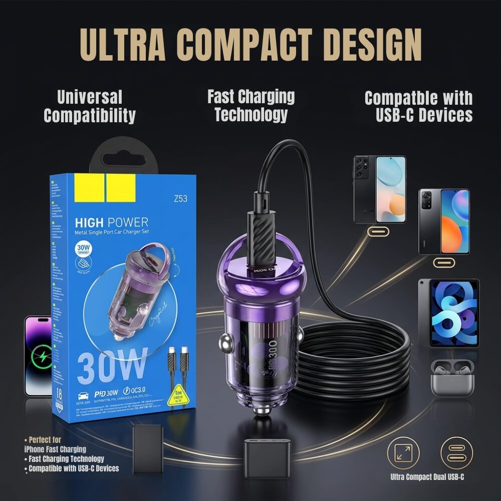 Incarcator Auto Slim Bricheta DigikalaX®, Fast charging PD 30W, QC3.0, Type C, Inel de tragere, Cablu Usb-C - Lightning Inclus, Universal, Mov Transparent